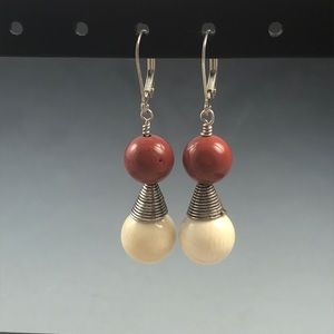 Red Jasper & Cream White Beaded Earring Leverback